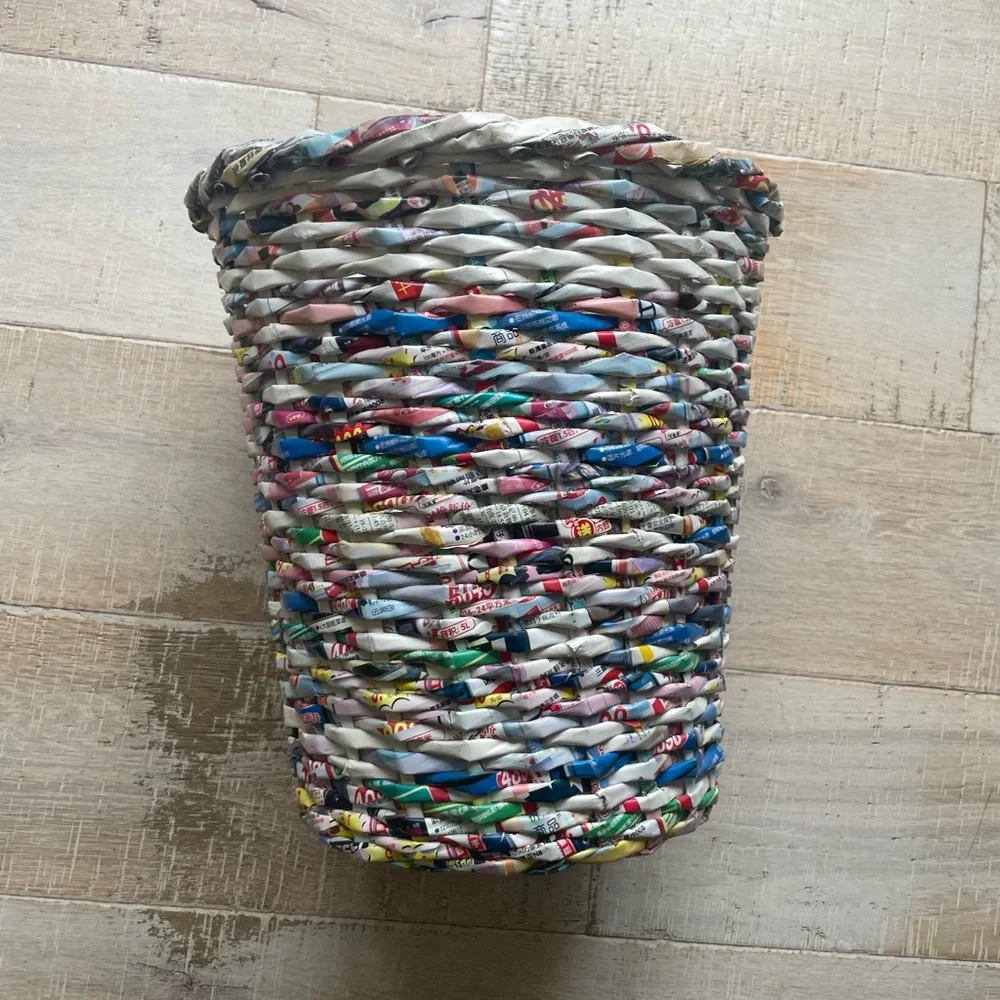 Colorful Handwoven Woven Recycled Paper Wastebasket Trash Can Basket